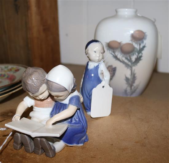 Bing & Grondahl group of children reading, a Royal Copenhagen vase decorated thistles & a small figure of a boy with broom